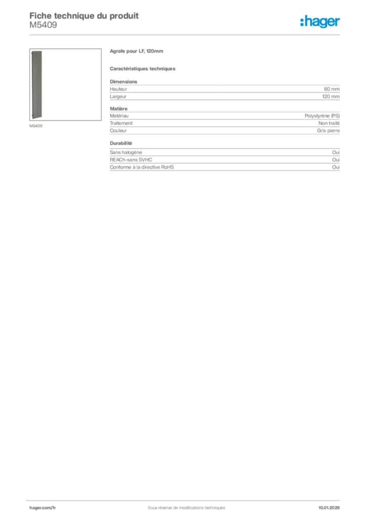 Image Hager Fiche technique du produit M5409 | Hager France