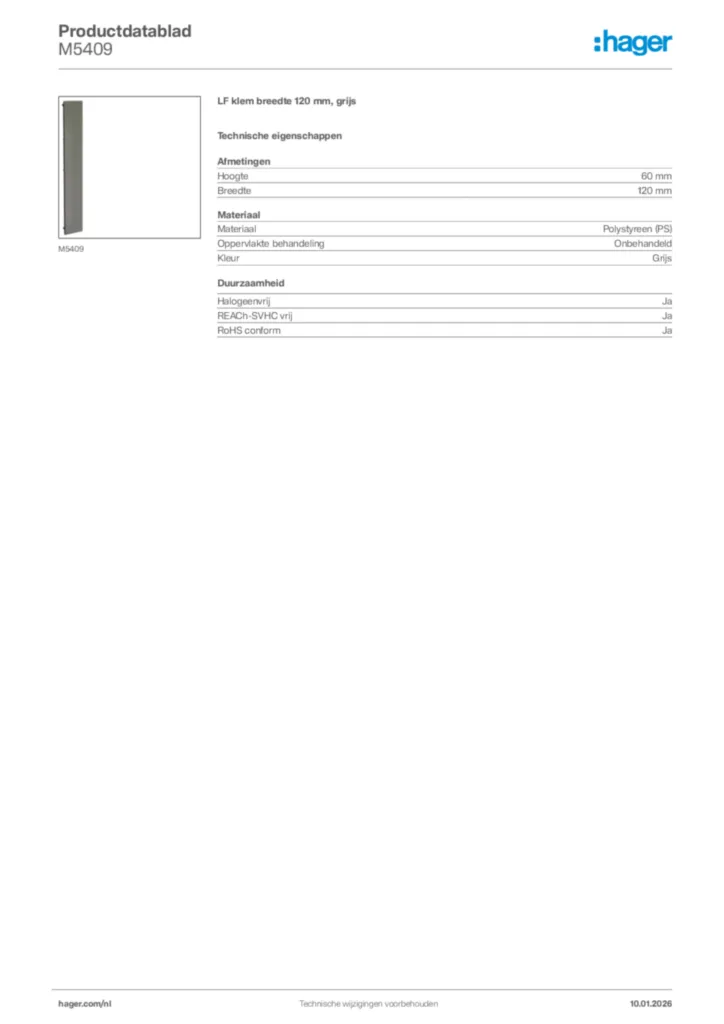 Afbeelding Hager Productdatablad M5409 | Hager Nederland