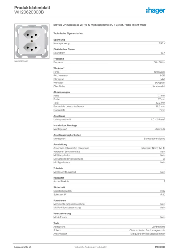 Bild Hager Produktdatenblatt WH20620300B | Hager Schweiz