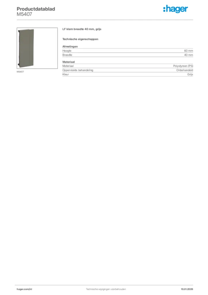 Afbeelding Hager Productdatablad M5407 | Hager Nederland