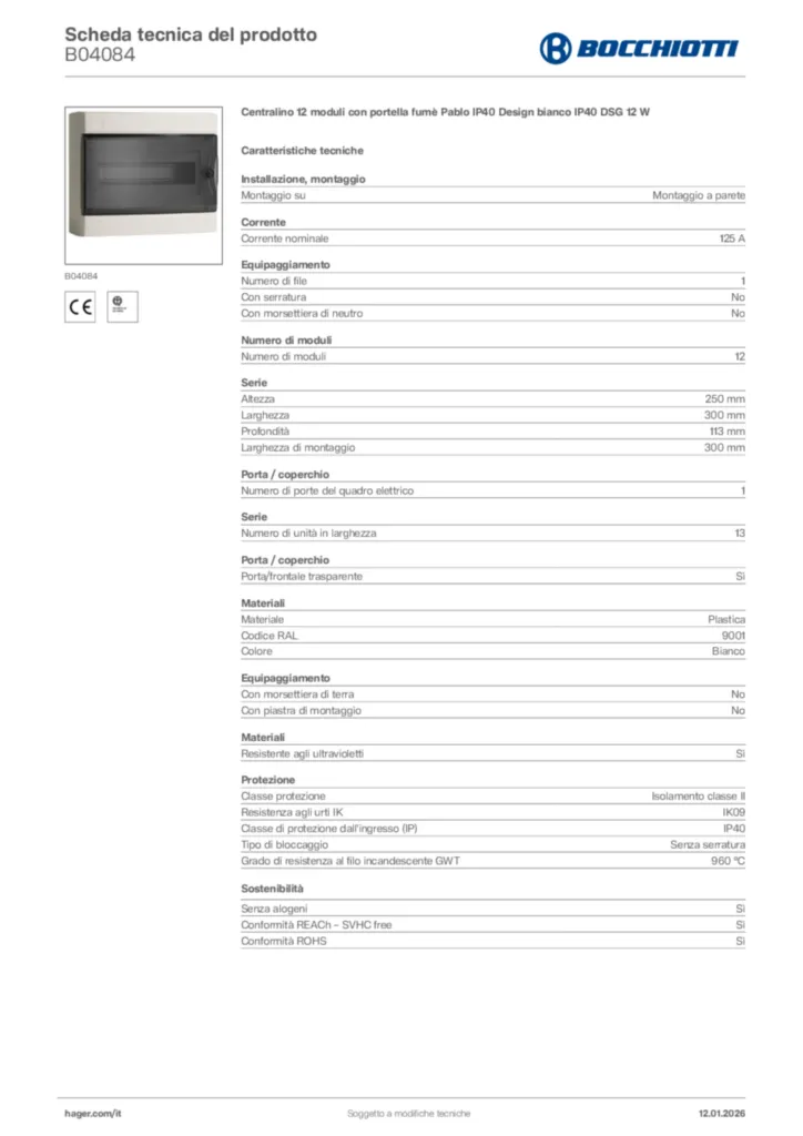 Immagine Bocchiotti Scheda tecnica del prodotto B04084 | Hager Italia