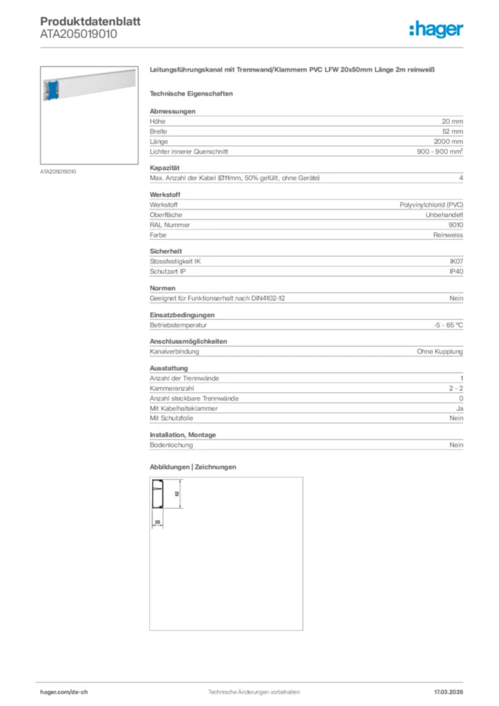 Bild Hager Produktdatenblatt ATA205019010 | Hager Schweiz