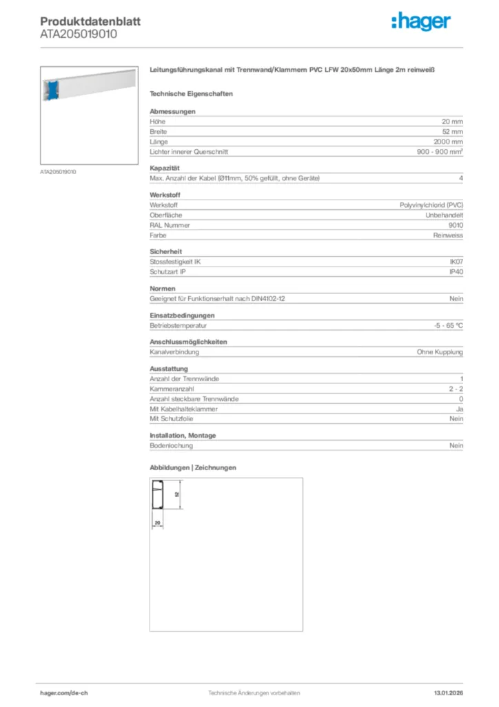 Bild Hager Produktdatenblatt ATA205019010 | Hager Schweiz