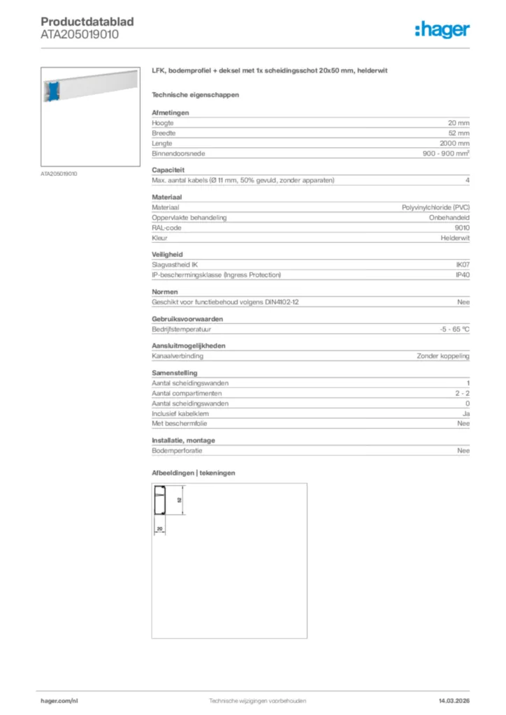 Afbeelding Hager Productdatablad ATA205019010 | Hager Nederland