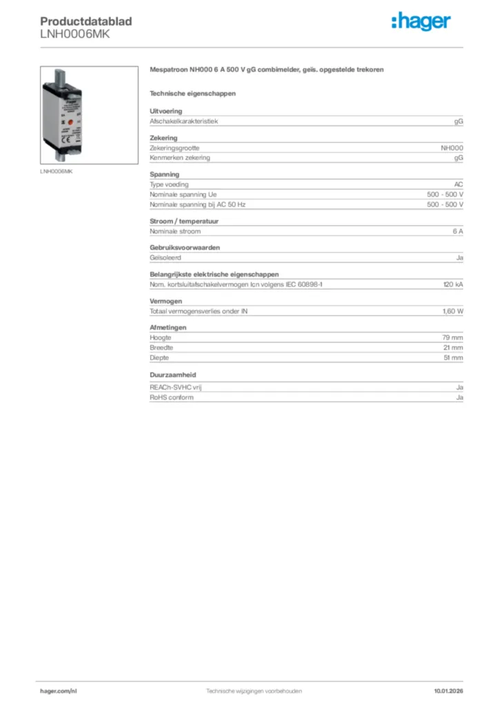 Afbeelding Hager Productdatablad LNH0006MK | Hager Nederland
