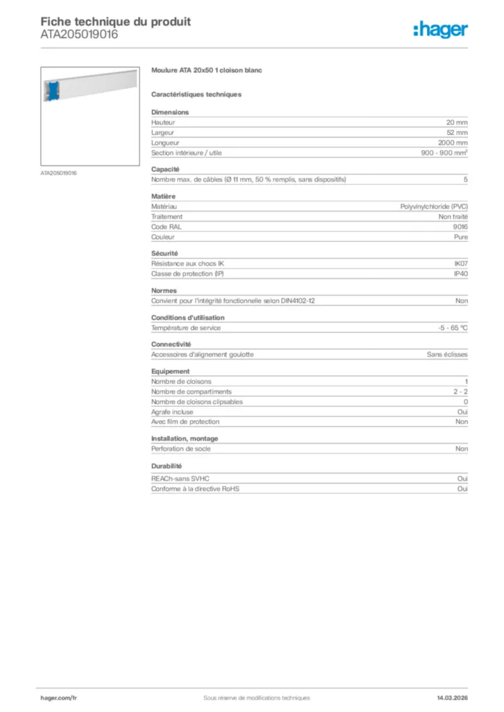 Image Hager Fiche technique du produit ATA205019016 | Hager France