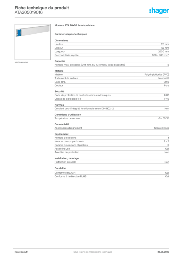 Image Hager Fiche technique du produit ATA205019016 | Hager France