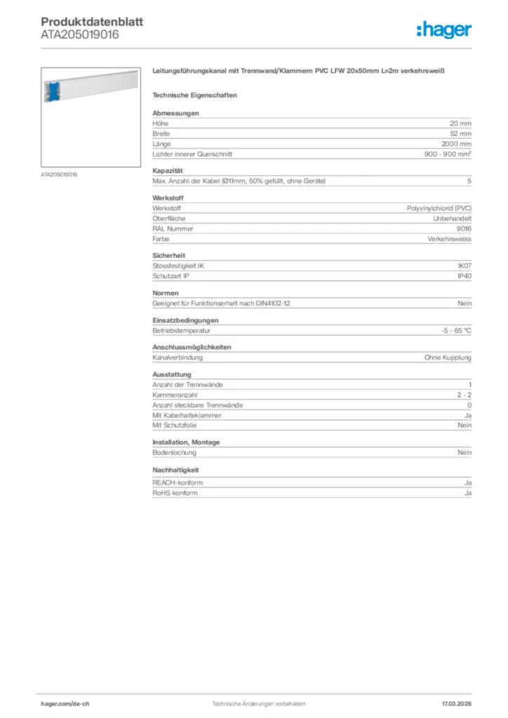 Bild Hager Produktdatenblatt ATA205019016 | Hager Schweiz