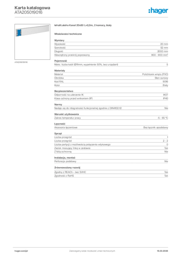 Zdjęcie Hager Karta katalogowa ATA205019016 | Hager Polska