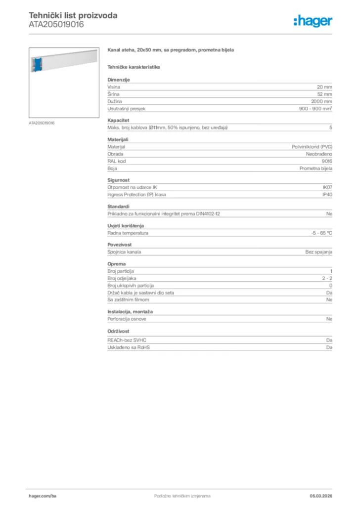 Slika Hager Tehnički list proizvoda ATA205019016  | Hager