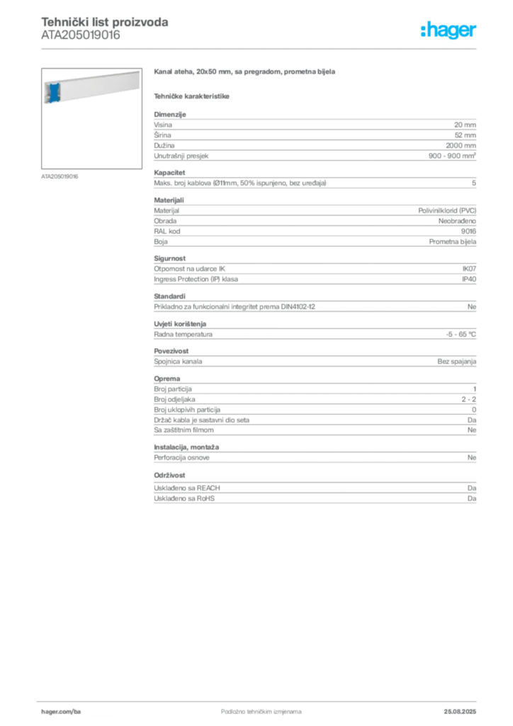 Slika Hager Product data sheet ATA205019016  | Hager