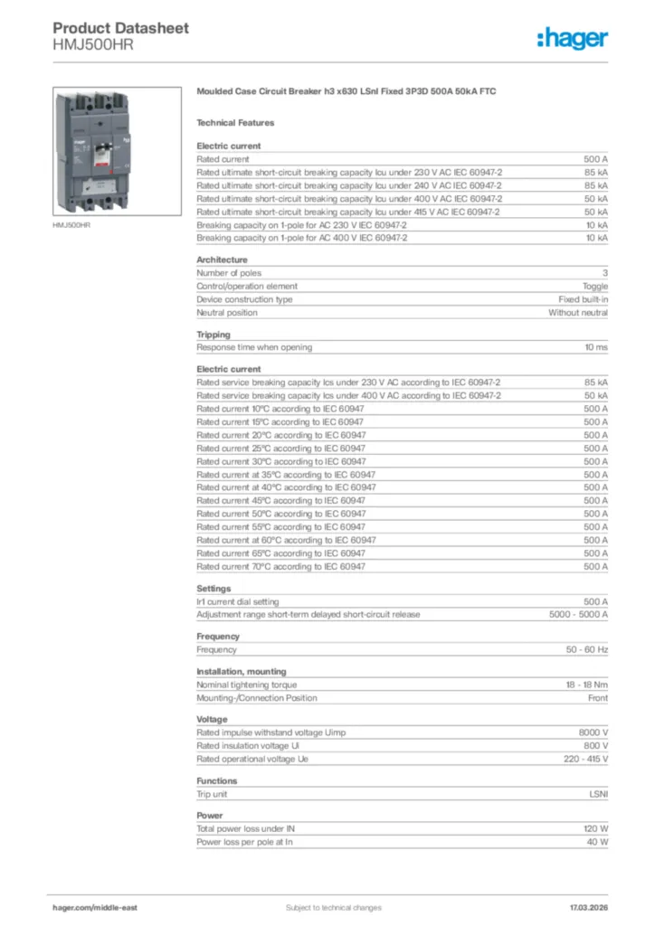 Image Hager Product data sheet HMJ500HR  | Hager