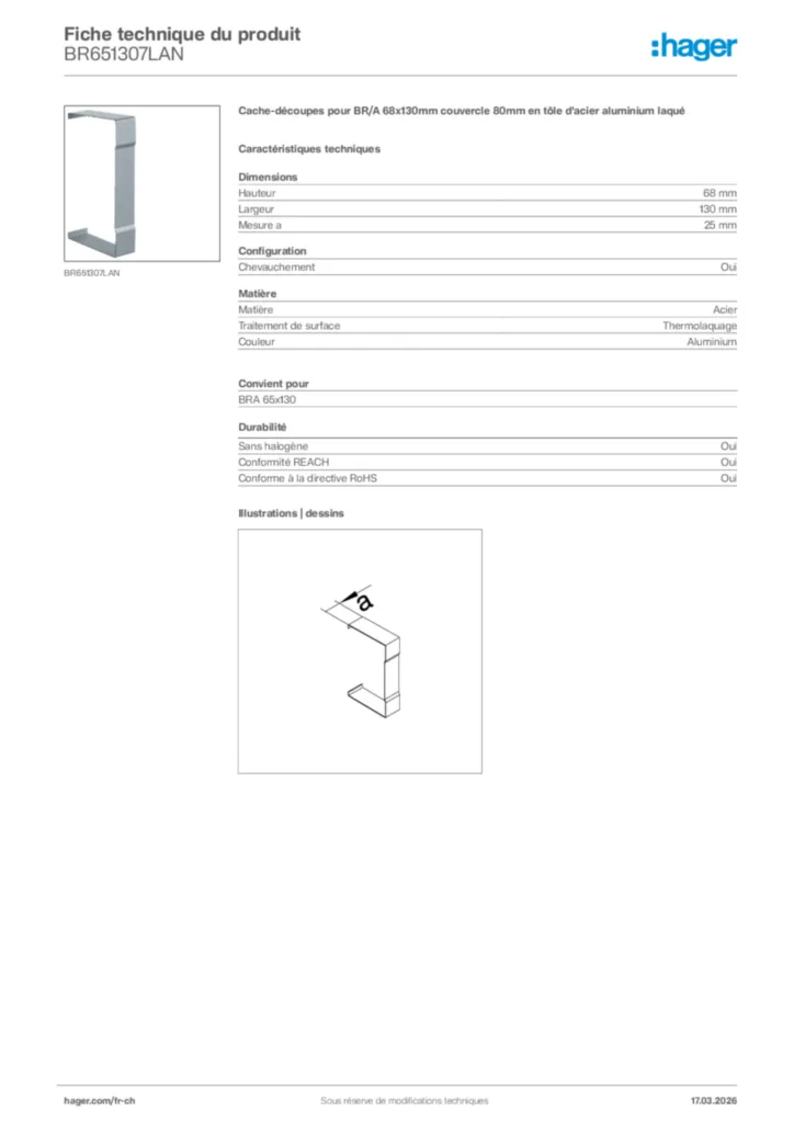 Image Hager Fiche technique du produit BR651307LAN | Hager Suisse