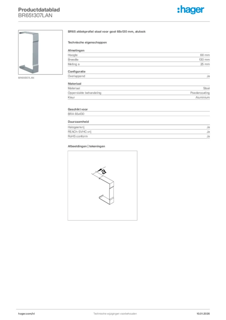 Afbeelding Hager Productdatablad BR651307LAN | Hager Nederland