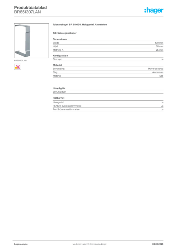 Bild Hager Produktdatablad BR651307LAN | Hager Sverige