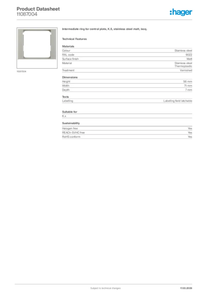 Image Hager Product data sheet 11087004  | Hager Africa