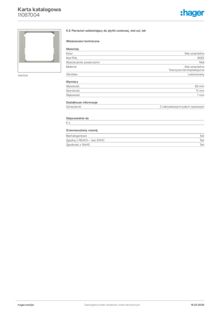 Zdjęcie Hager Karta katalogowa 11087004 | Hager Polska