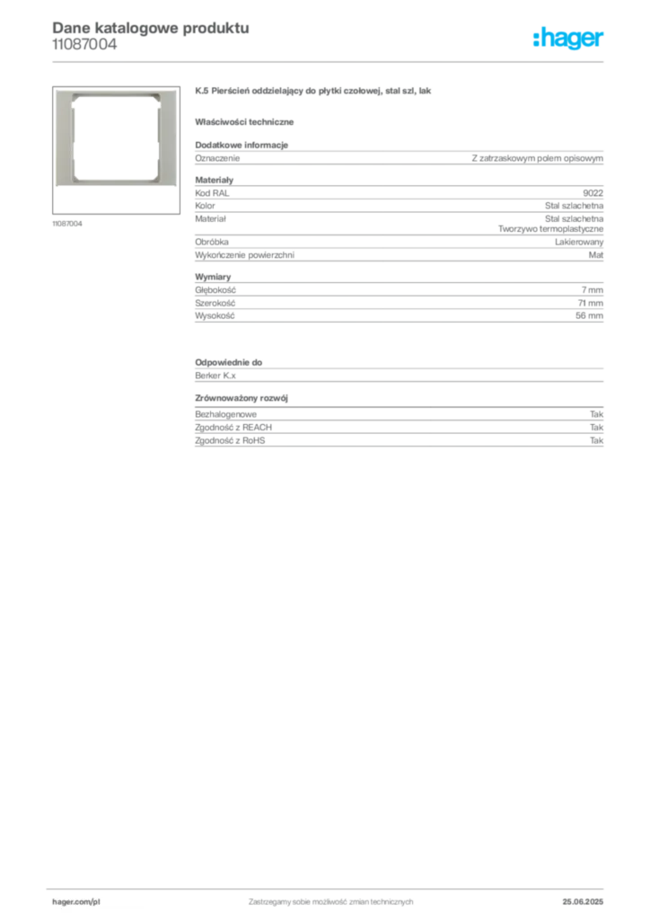 Zdjęcie Hager Dane katalogowe produktu 11087004 | Hager Polska