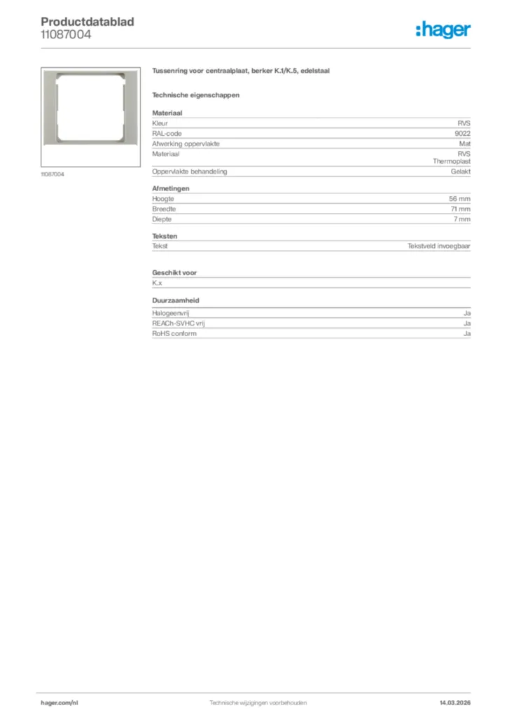 Afbeelding Hager Productdatablad 11087004 | Hager Nederland