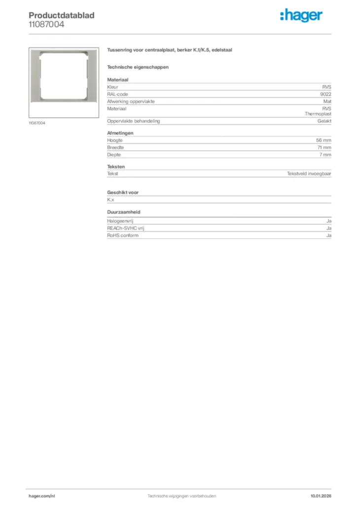 Afbeelding Hager Productdatablad 11087004 | Hager Nederland