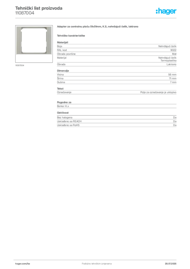 Slika Hager Product data sheet 11087004  | Hager
