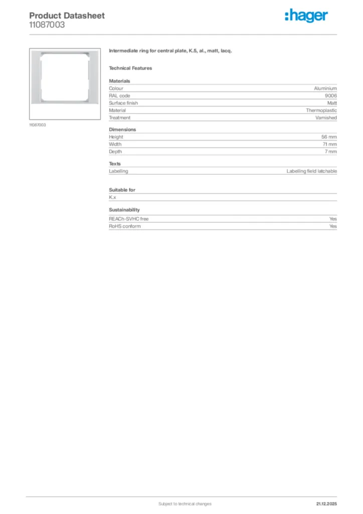 Image Hager Product data sheet 11087003  | Hager Africa