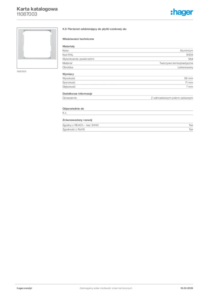 Zdjęcie Hager Karta katalogowa 11087003 | Hager Polska
