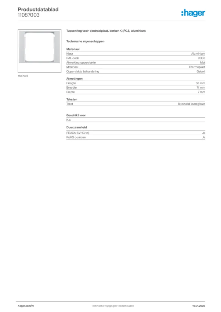 Afbeelding Hager Productdatablad 11087003 | Hager Nederland