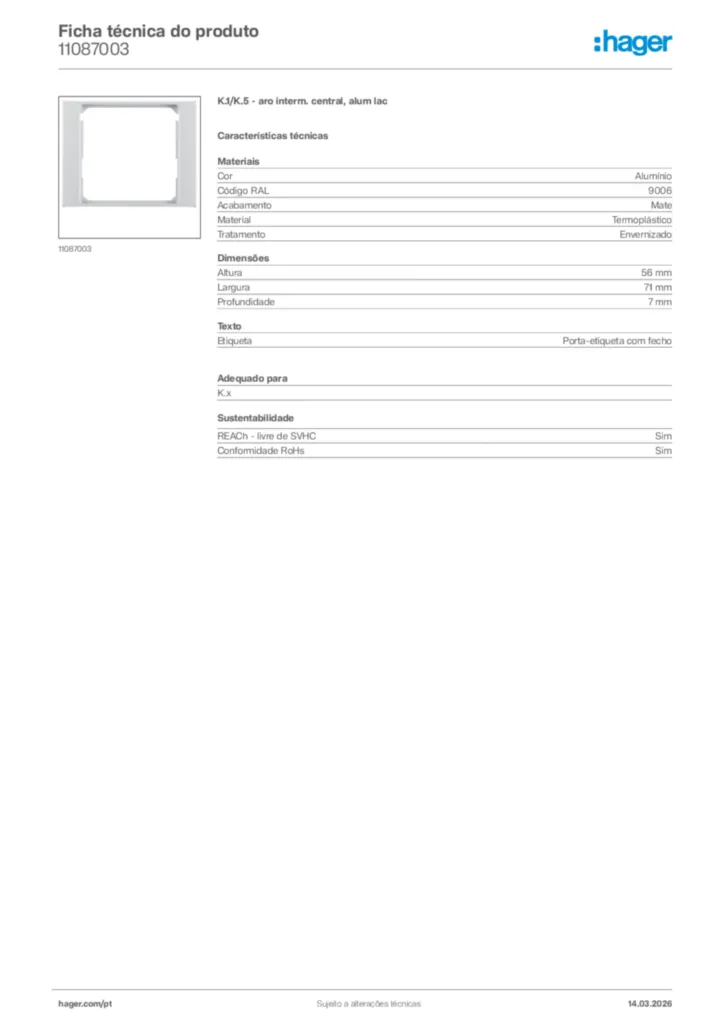 Imagem Hager Ficha técnica do produto 11087003 | Hager Portugal