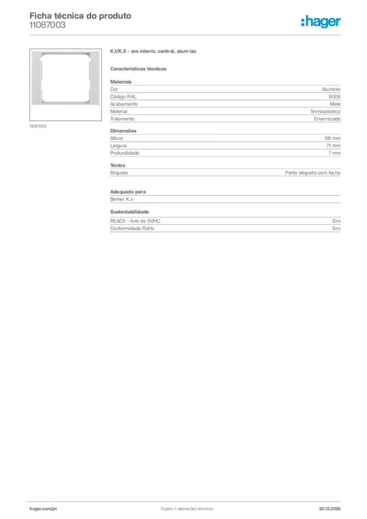 Imagem Hager Ficha técnica do produto 11087003 | Hager Portugal