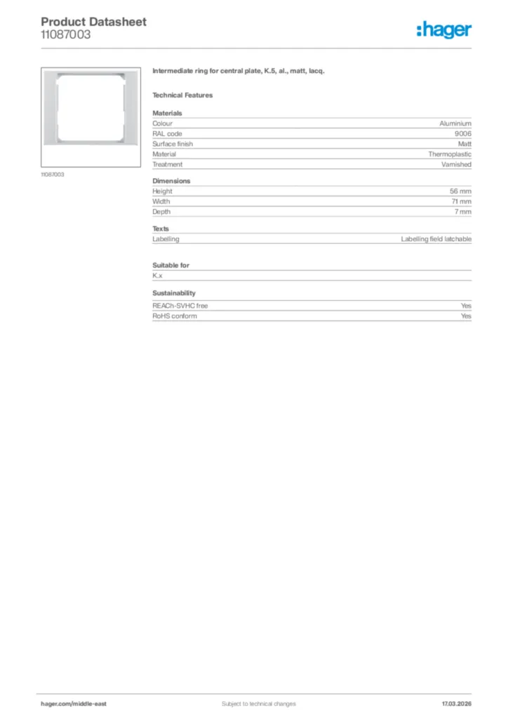 Image Hager Product data sheet 11087003  | Hager