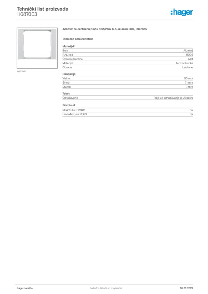 Slika Hager Tehnički list proizvoda 11087003  | Hager
