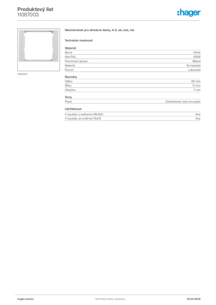 Obrázek Hager Product data sheet 11087003 | Hager