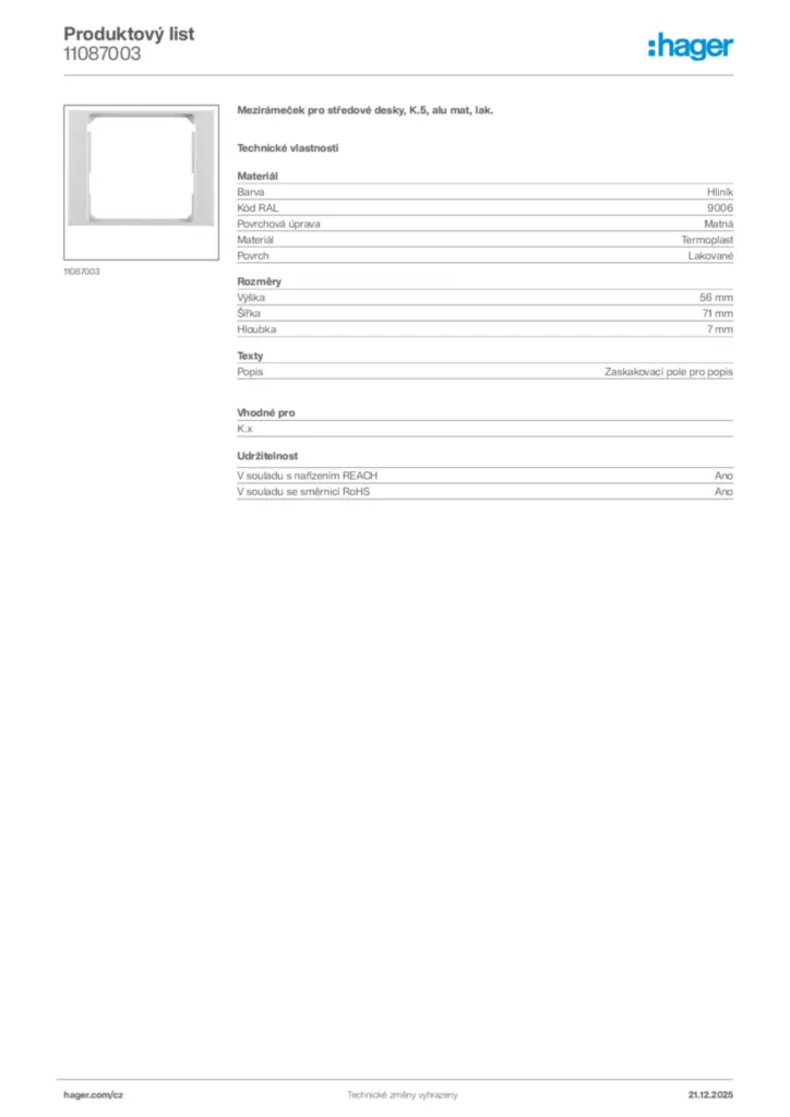 Obrázek Hager Produktový list 11087003 | Hager