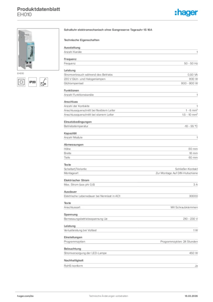 Bild Hager Produktdatenblatt EH010 | Hager Deutschland