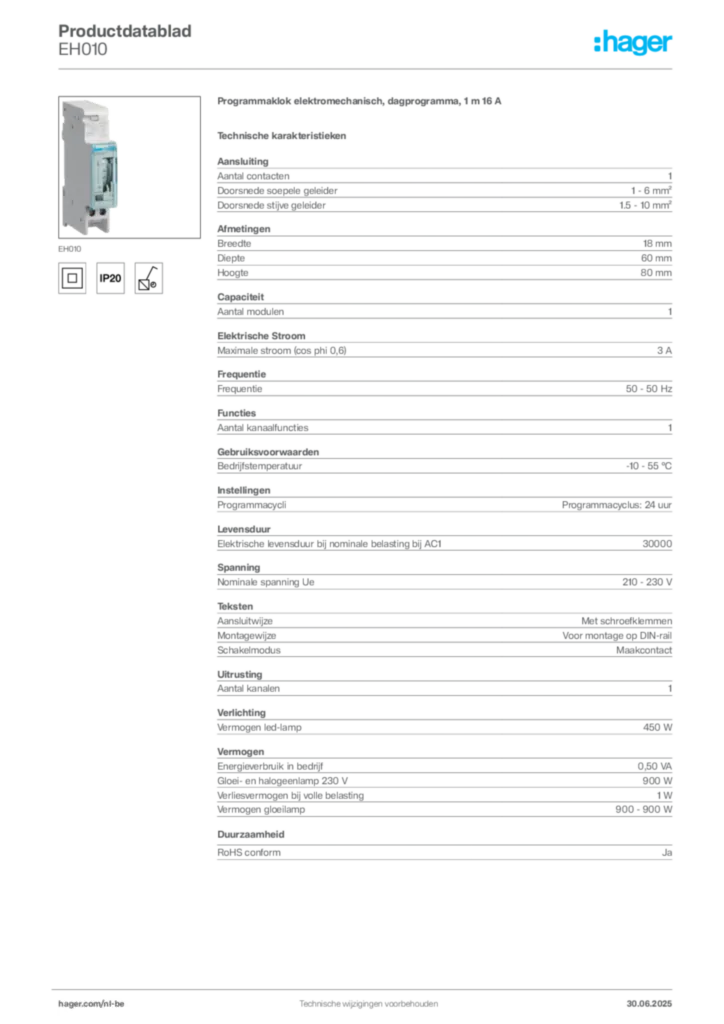 Afbeelding Hager Productdatablad EH010 | Hager Belgium
