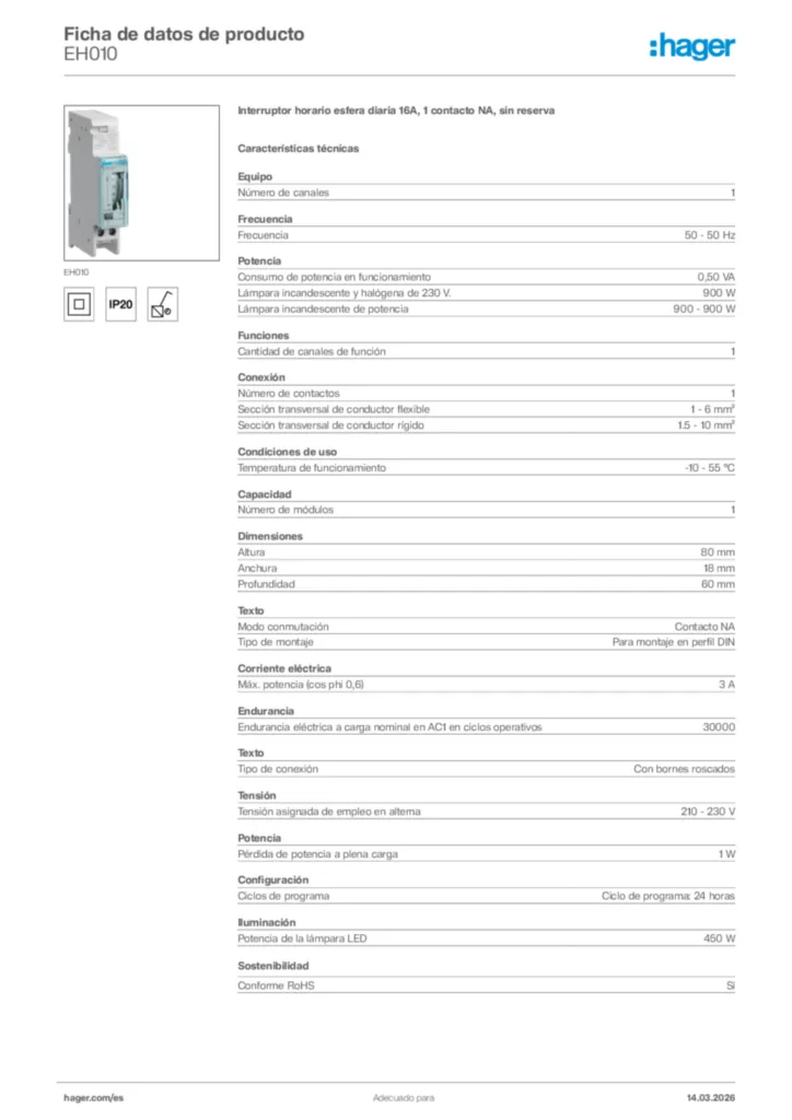 Imagen Hager Ficha de datos de producto EH010 | Hager España