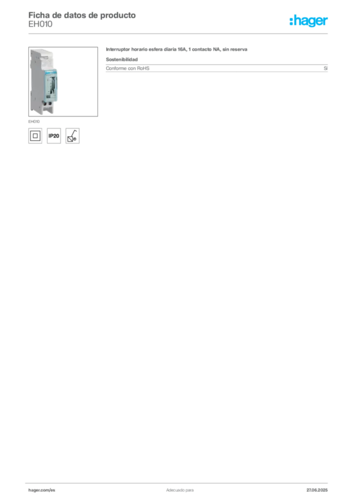 Imagen Hager Ficha de datos de producto EH010 | Hager España