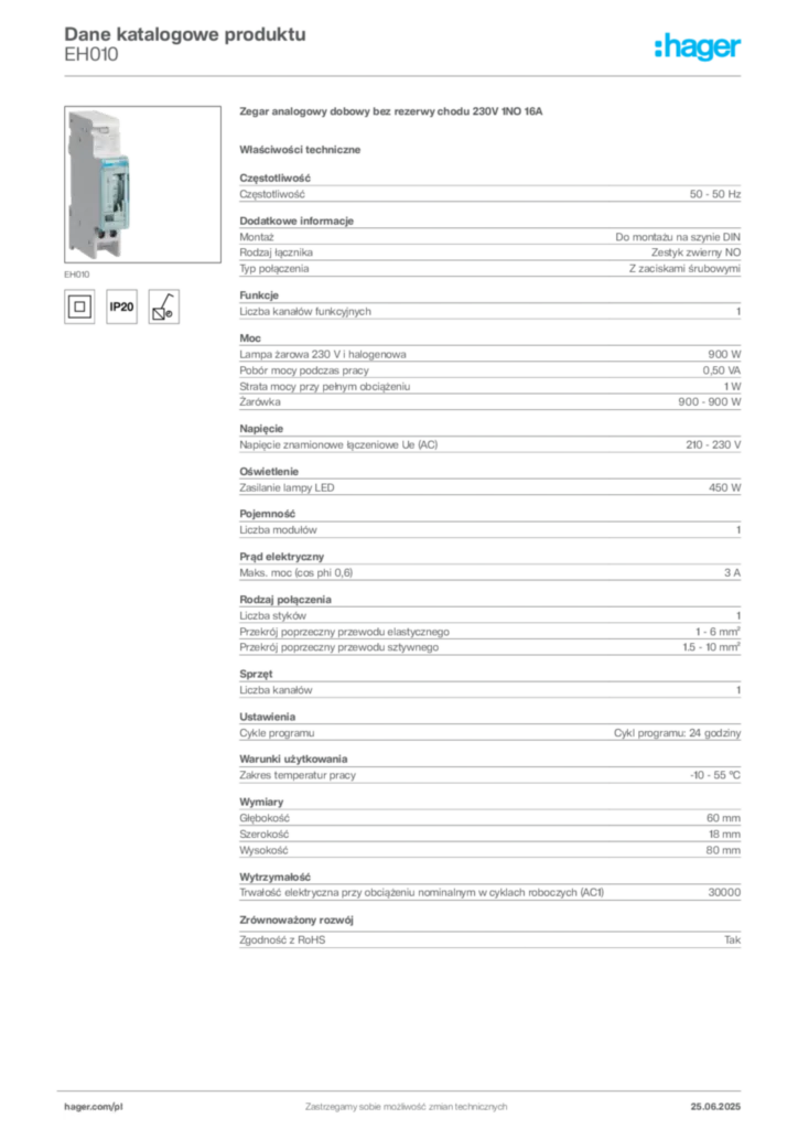 Zdjęcie Hager Dane katalogowe produktu EH010 | Hager Polska