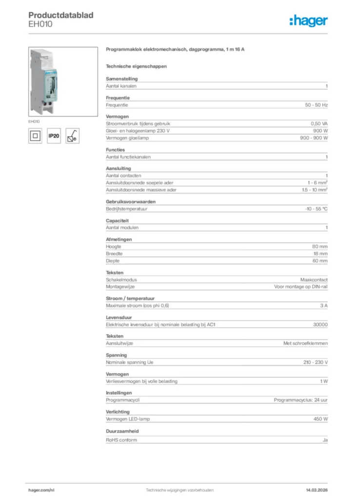 Afbeelding Hager Productdatablad EH010 | Hager Nederland