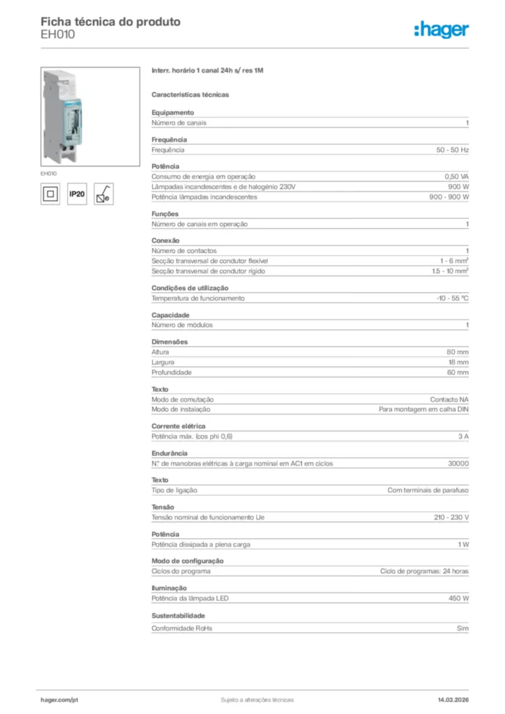 Imagem Hager Ficha técnica do produto EH010 | Hager Portugal
