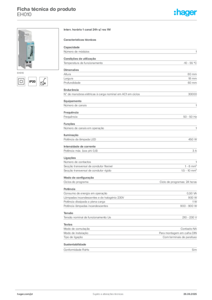 Imagem Hager Ficha técnica do produto EH010 | Hager Portugal