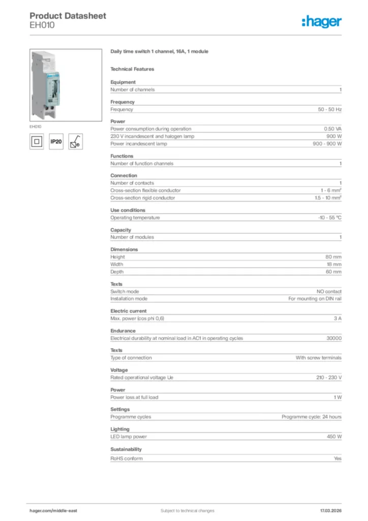Image Hager Product data sheet EH010  | Hager