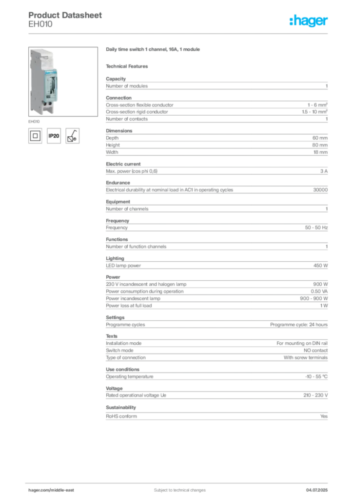 Image Hager Product data sheet EH010  | Hager