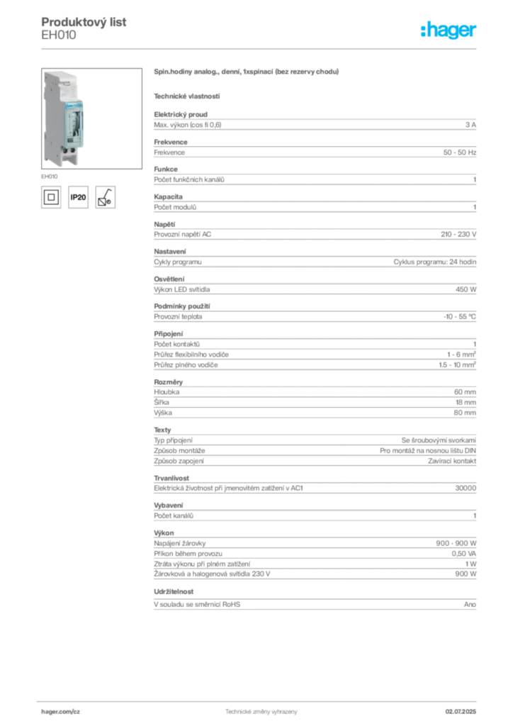 Obrázek Hager Produktový list EH010 | Hager