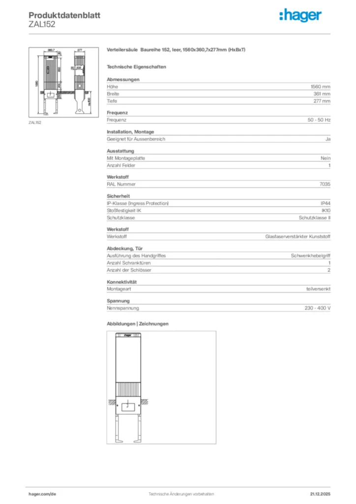 Bild Hager Produktdatenblatt ZAL152 | Hager Deutschland