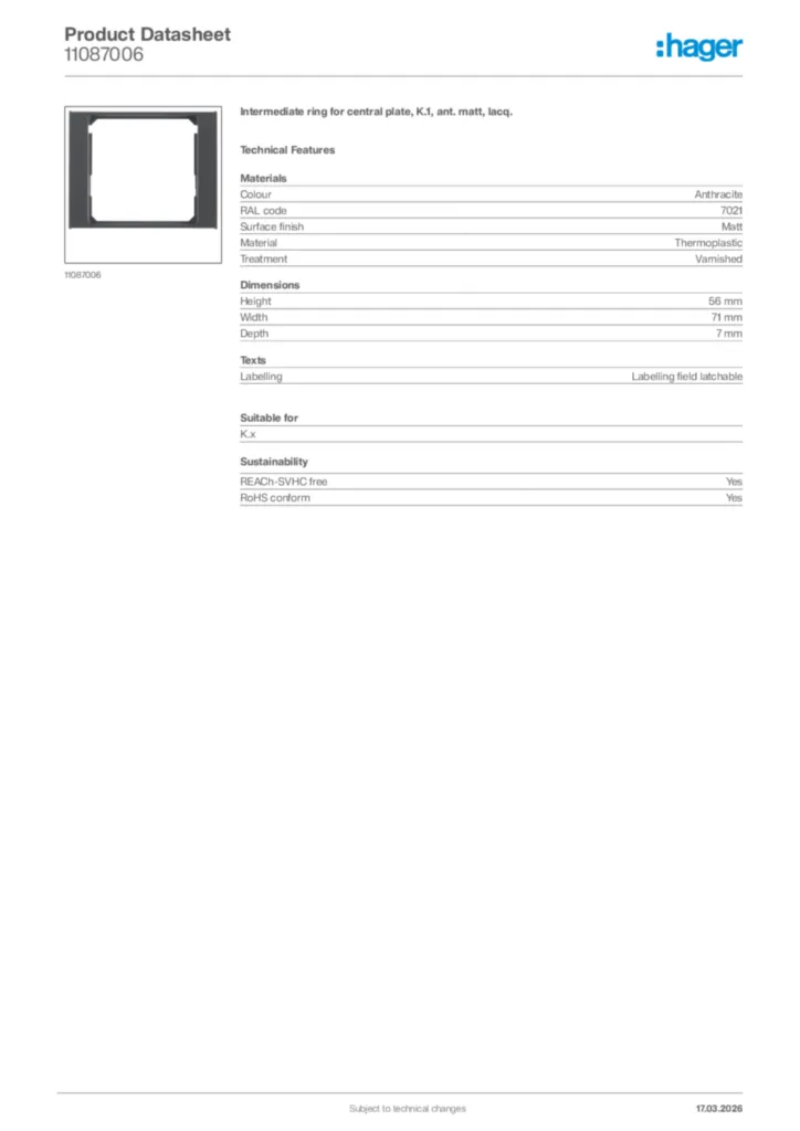 Image Hager Product data sheet 11087006  | Hager Africa