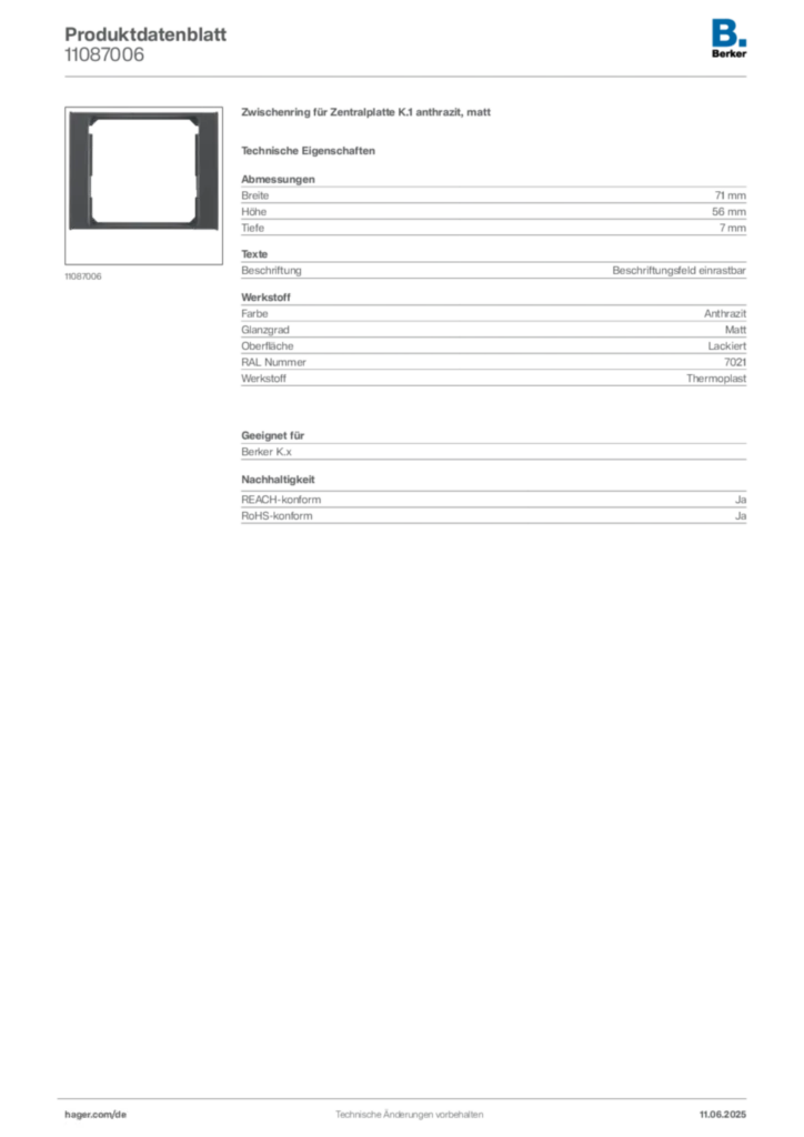 Bild Berker Produktdatenblatt 11087006 | Hager Deutschland