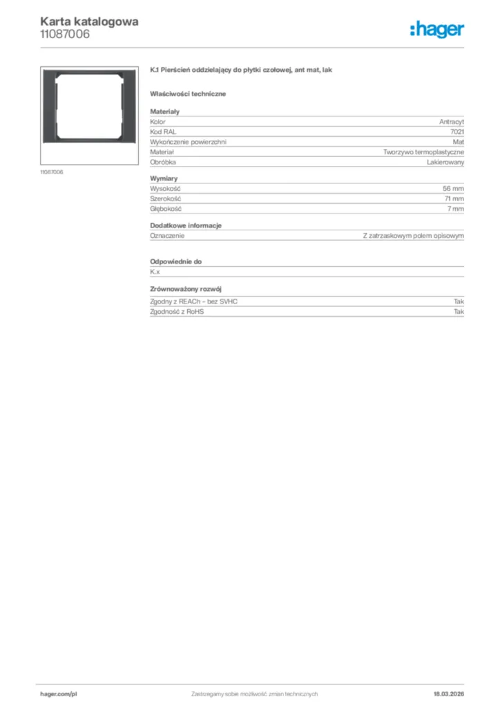 Zdjęcie Hager Karta katalogowa 11087006 | Hager Polska