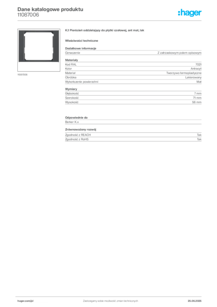 Zdjęcie Hager Dane katalogowe produktu 11087006 | Hager Polska